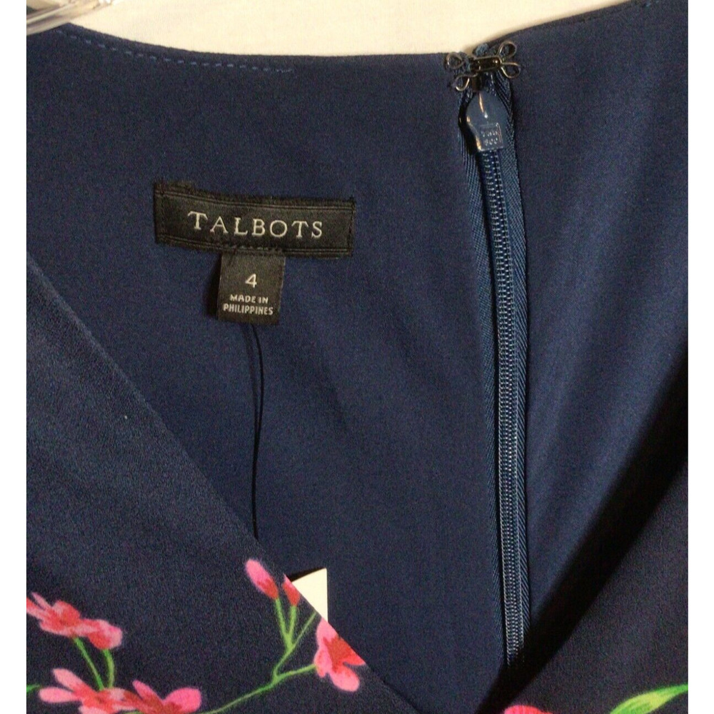 New TALBOTS Size 4 Dress Navy Blue Floral Print Tie Waist A Line V Neck Buttons - Picture 3 of 5